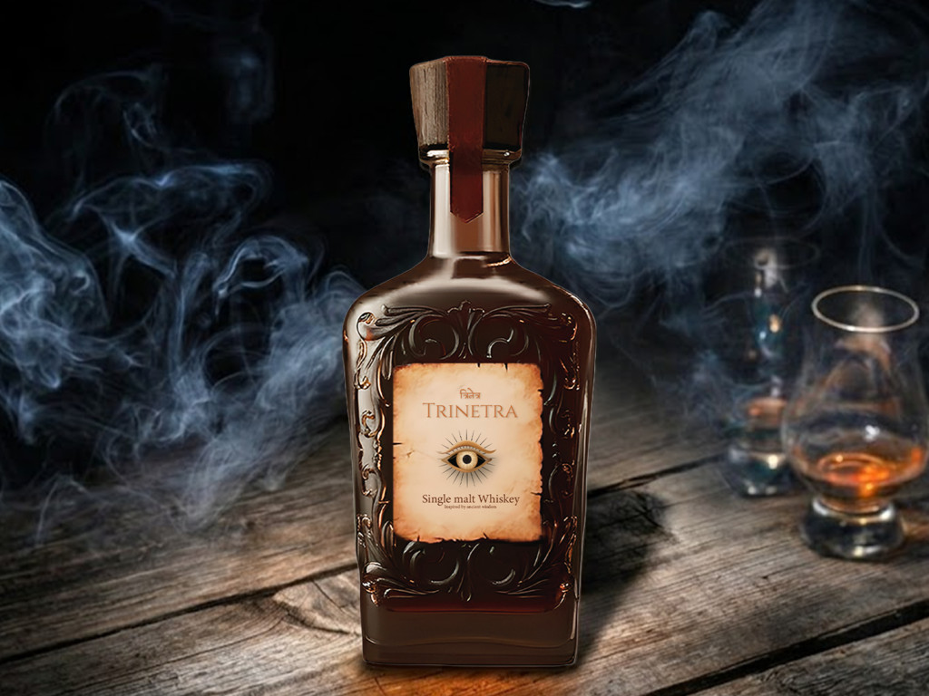 Close-up view of Trinetra Single Malt Whisky with premium label details