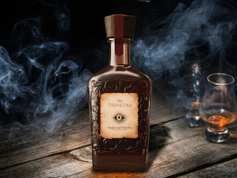Close-up view of Trinetra Single Malt Whisky with premium label details