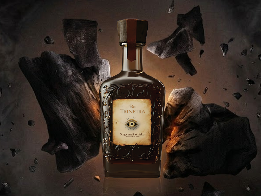 Trinetra Single Malt Whisky served in a glass with golden amber color