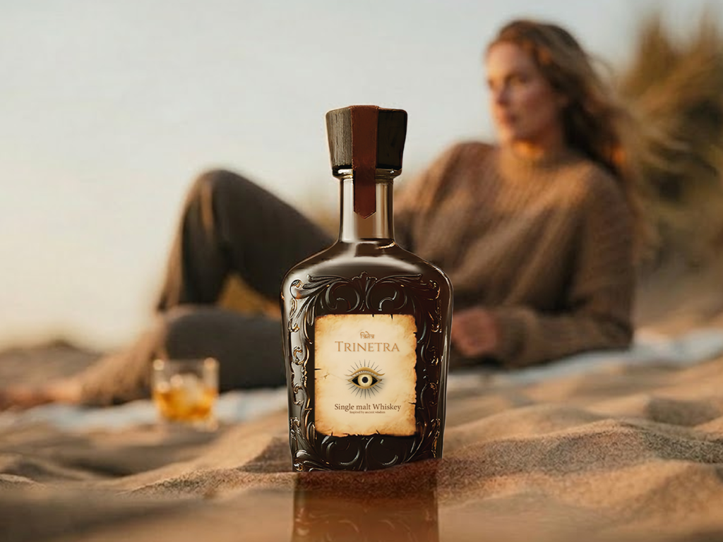 Premium bottle of Trinetra Single Malt Whisky displayed with elegant packaging