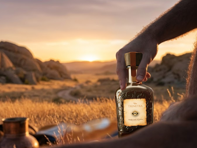 Trinetra Single Malt Whisky bottle showcasing rich craftsmanship and luxury design