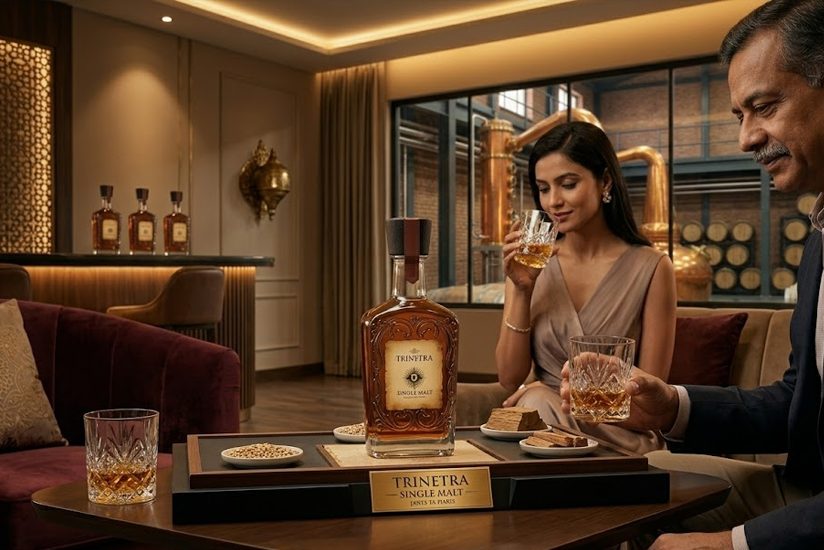 Premium Indian single malt whisky Trinetra showcasing authentic craftsmanship