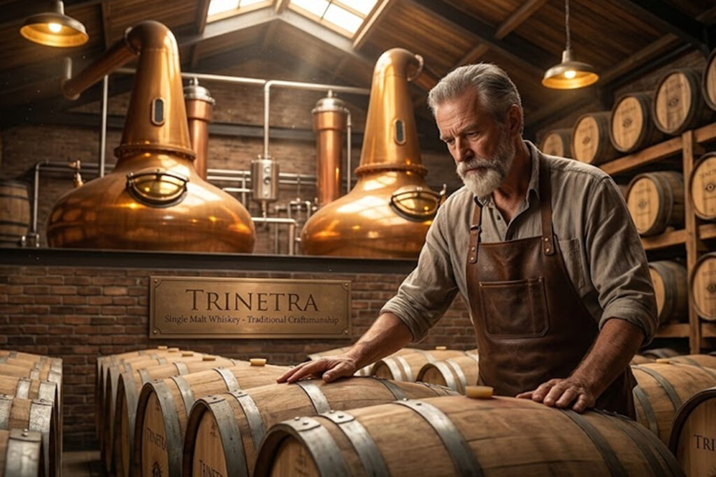 Premium single malt whisky Trinetra showcasing rich flavor and refined character